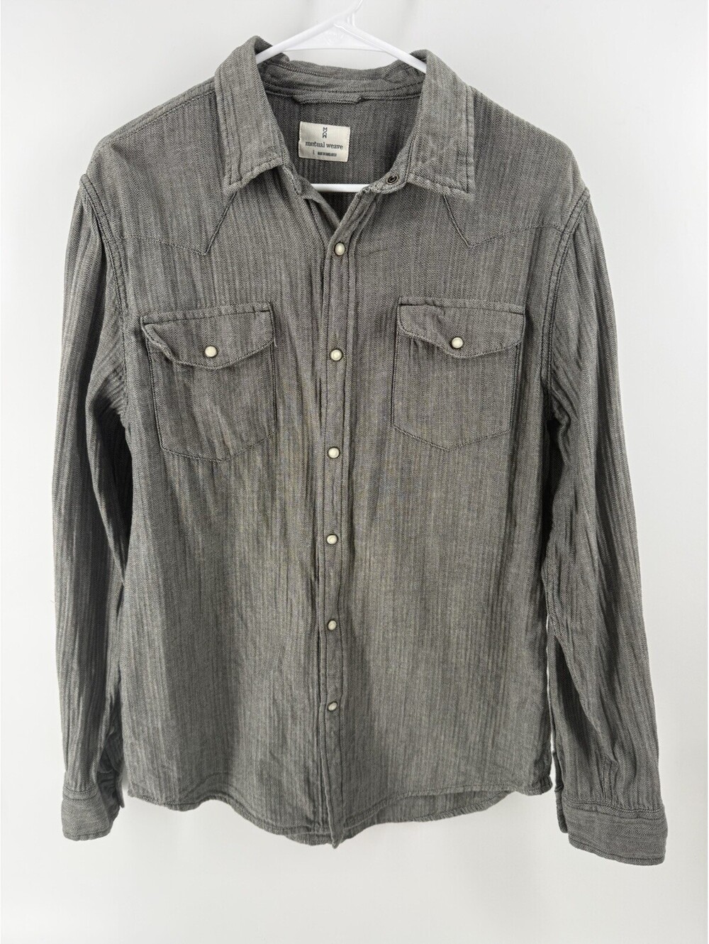 Mutual Weave Textured Cotton Pearl Snap Shirt Mens Large Gray Western Casual